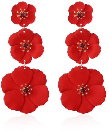 KBRPEY Dreistufige Blumen Ohrhänger Kamelien Ohrringe Damen Schmuck Lange Tropfen Blüten Statement Ohrstecker Elegant