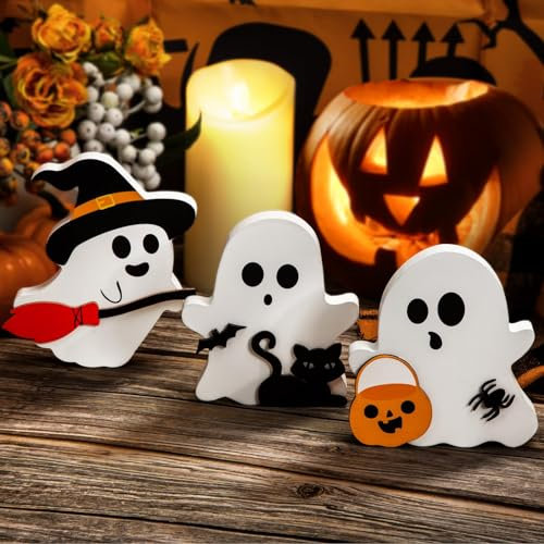 ZukZythepsor Halloween Table Decorations Set of 3, Cute Wooden Ghost, Pumpkin, Witch Indoor Plaques, Lightweight Halloween Decor for Home, Office, Party, or Apartment Display