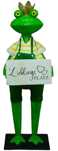 ETC Dekofigur Dekofrosch Gartenfigur Frosch mit Goldener Krone und Schild LIEBLINGSPLATZ
