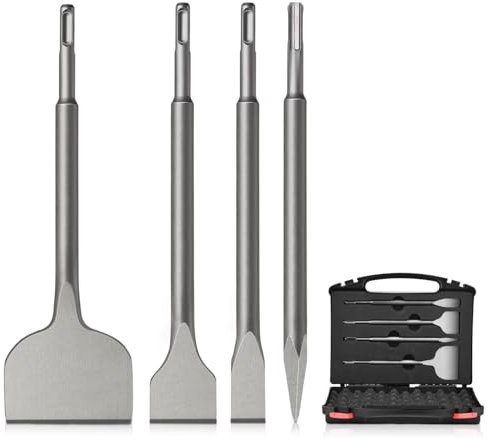 GMGSJ SDS Plus Meißel Set,4-teilig SDS Meißel mit Aufbewahrungskoffer,Flachmeißel, Spitzmeißel, Meißelset für Bohrhammer, breites Fliesen-, Stein- und Betonmeißelset