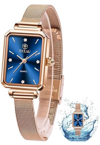 Taxau Damenuhr Wasserdicht Quarz Damen Uhr Damenuhr Rosegold Diamant Uhr Damen Exquisit Opulent Rostfreier Stahl Damen Uhren Armbanduhr Dunkelblaues Zifferblatt Einstellbar Women Watches