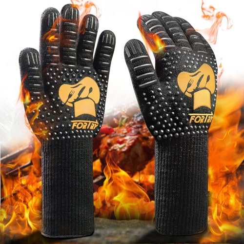 FORTRY Grillhandschuhe Hitzebeständig Bis 800°C,Ofenhandschuhe rutschfest,Backhandschuhe Kochhandschuhe Atmungsaktiv,Feuerfeste Handschuhe Topfhandschuhe Kamin,für Grill BBQ (M-XL)