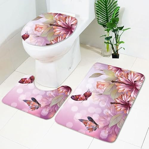 Bad Teppiche Set Schmetterling Rosa Blume Badezimmerteppich Waschbar WC Vorleger mit Ausschnitt und WC Deckelbezug 3 Teilig Badematte rutschfest Toilettensitzbezug Badgarnitur 45x75 cm