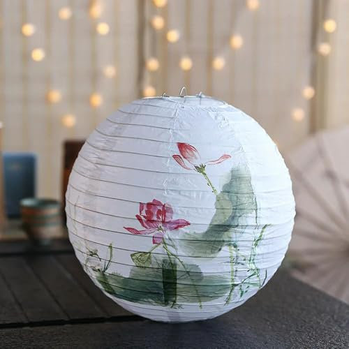 GUOZIF 1PC Runde Papierlaterne Lotus Pflaumenblüte Bambus Vögel Blumenbrief Gedruckt Lampion Hause Schlafzimmer Wohnzimmer Dekoration