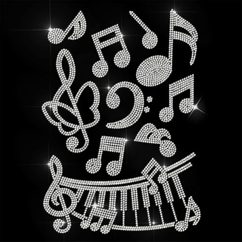 ANATTASOUL White Rhinestone Iron on Transfers Music Notes Glitter Diamante Hotfix Patches for Clothes, 11.6x8.2 Large Iron On Sequin Applique for T-Shirts Bags Jeans Jacket Caps Shoes DIY Decor