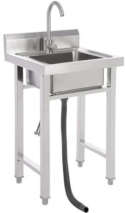 QIERF Lavabo de cocina independiente de acero inoxidable fregadero exterior 50 x 50 x 93 cm con ángulo de rotación de grifo de 360° para cocinas, tiendas de postres, jardines, restaurantes