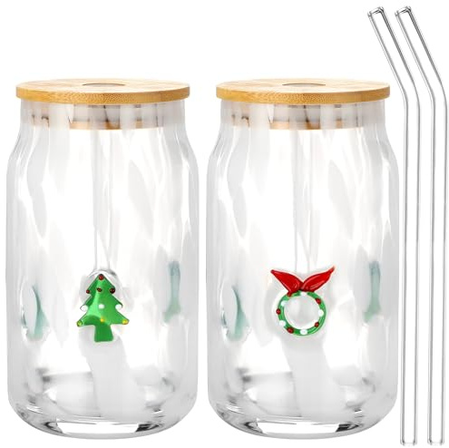 Potchen 2 Pcs Tree Wreath Glass Cups 16.9 oz with Bamboo Lids and Straws | Can-shaped Design for Halloween Parties, Holiday Decor, Reusable with Bamboo Lids, Great Gift for Fall Celebrations
