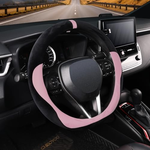 COFIT 15 Inch Plush Steering Wheel Cover Winter, Soft Warm Furry Grip Protector for Cars SUVs Trucks, Fits 37-38 cm, Non-Slip Interior Accessory, Black and Pink