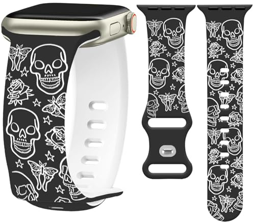 Vozehui Two-color Halloween Engraving Band Compatible for Apple Watch Band 38/40/41/42/44/45/46/49mm,Butterfly buckle Soft Silicone Strap for iWatch SE Series 11 10 9 8 7 6 5 4 3 2 1 for Women Men