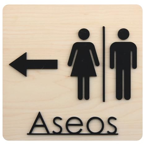 Cartello per bagni/servizi igienici/WC uomo e donna in legno con lettere in metallo nero opaco - facile installazione con nastro adesivo con freccia a sinistra