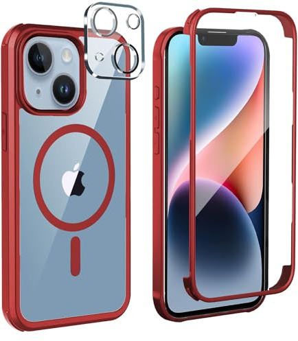 Leedia Kompatibel mit Magsafe iPhone 14 Hülle 360 Grad Schutz Rot | Ganzkörper Schutzhülle mit Eingebauter Panzerglas Displayschutz Schutzfolie Stoßfest Case Handyhülle für iPhone 14 6.1