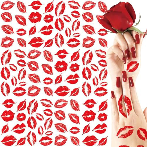 Red Lips Kiss Temporary Tattoos | 45 Pcs Waterproof Lip Tattoo Stickers for Face & Body | Self-Adhesive Fake Tattoos for Women, Girls | Valentine’s Day, Christmas & Party Makeup Decoration | 5 Sheets