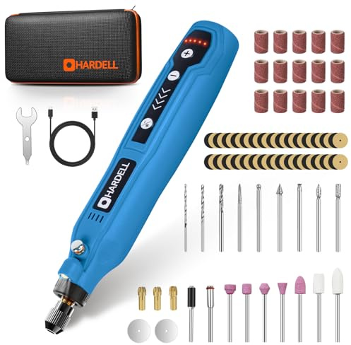 HARDELL Mini Amoladora Batería Inalámbrica USB Azul, Herramienta Rotativa Multifunción 3.7V con 69 Accesorios, 5 Velocidades para Manualidades, Modelismo, Pulir, Taladrar y Cortar