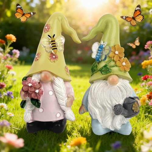 RNPKZ Wichtel Frühling Deko, 2 Stück Frühling Wichtel Figuren, Deko FrühlingWichtel Figuren aus Kunstharz für Terrassen, Gärten und Rasen, Geschenke Für Frauen & Mama (Wasserflasche und Blumen)