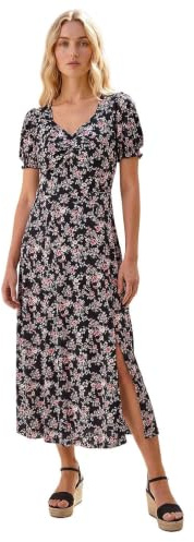 Roman Floral Print Dress for Women UK Ladies Sweetheart Neck Ruched Midi Maxi Long Length Short Sleeve Flattering Casual Summer Spring Party Evening Going Out - Rose Black - Size 14