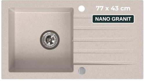SINK Quality Lavello Cucina Beige 77x43 cm, Lavandino Granito 1 Vasca da Incasso, Sifone Automtico Incluso, per Base 45 cm, Design Antigraffio Resistente al Calore