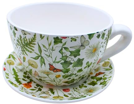 Dekohelden24 Blumentopf, Pflanztasse, Pflanzkübel, Pflanzgefäß, Blumenkübel, Pflanztopf. Übertopf als Tasse mit Griff aus Keramik, Motiv: Magerite, L/B/H 25 x 23 x14 cm.