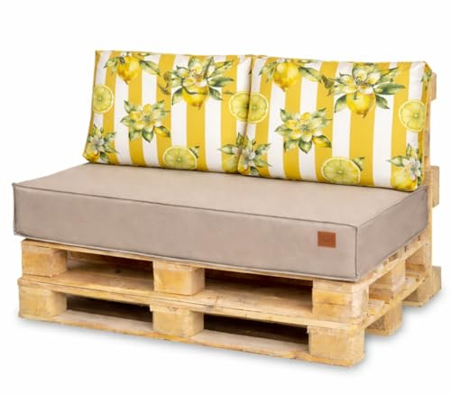 Bielik Palettenkissen Set für Palettenmöbel 120 x 80, Wasserdicht Europaletten Sitzkissen Made in EU, Palettensofa Outdoor Komplett in Farbe: (Beige + Zitronen, Sitz 120x80+2 Kissen 60x40)