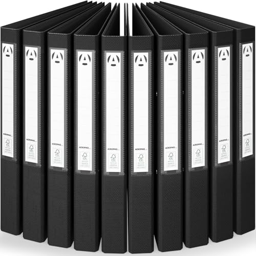 ACROPAQ – 10 x Ringordner A4 schmal, Ordner A4 in Schwarz mit 2 Ringen – inkl. Rückenetiketten – Ordner schmal für bis zu 200 Blätter – Rückenbreite 4 cm – Büro, Schule, Uni – Schwarz