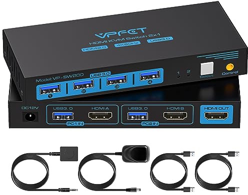 TIGKTING USB 3.0 HDMI KVM Switch 1 Monitors 2 Computers 4K@60Hz, 4 Port USB KVM Switches for 2 PC Share Keyboard/Mouse/Hard Drives/Printer and 1 Monitor, with Desktop Controller and 2 USB 3.0 Cables
