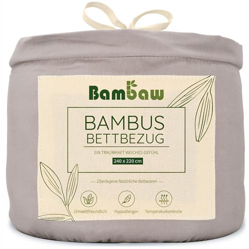 Bambaw Housse de Couette Bambou 240x220 cm, Housse de Couette Douce, Rafraichissante et Anti Acarien, Drap en Bambou Respirant et Hypoallergénique, Drap Fraicheur pour 2 Personnes (Gris)