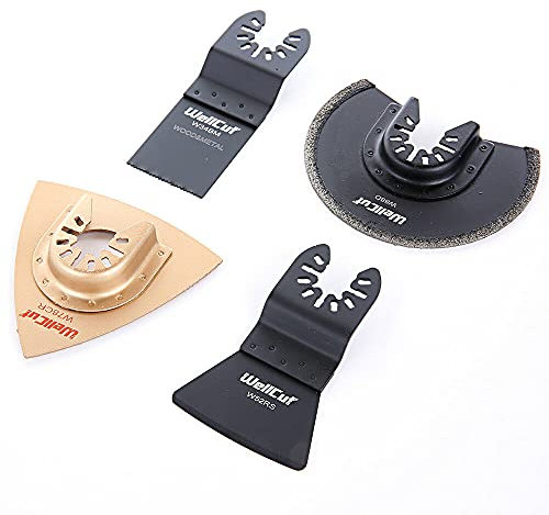 4PC Oscillating Multi Tool Blade Diamond Carbide Bi Metal Blades Scraper, Mixed Multi Tool Tilling Accessories for Wood Metal Cutting, Paint Sealant Grout Mortar Remover for DIY and Professional Users