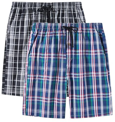MoFiz Men's Pyjama Bottoms 100% Cotton Plaid Lounge Wear Shorts Elastic Waist Summer Sleepwear Pajama Shorts 2 Pack Size L