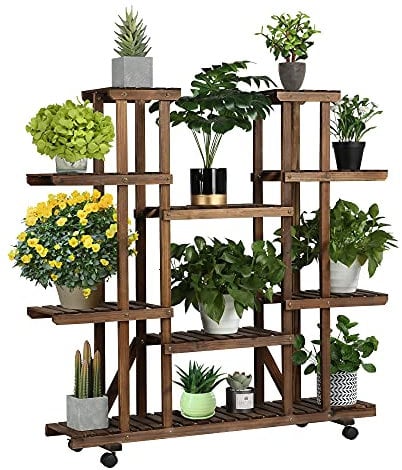 Yaheetech Blumenregal Holz 6 Ebenen Blumenständer Blumenbank mit Rädern für Balkon Wohzimmer Outdoor Garten
