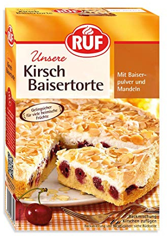 RUF Kirsch-Baiser-Torte, Backmischung für einen Kuchen mit Kirschen oder Stachelbeeren und Mandeln, mit gelingsicherem Meringue Pulver, 350g