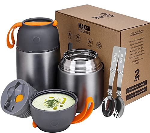 MAXSO 2 Pack Soup Thermo for Hot & Cold Food for Kids Adults, Vacuum Insulated Food Jar Thermal Lunch Containers, Travel Food Flask with Spoon (24 oz,17 oz) (Grey)