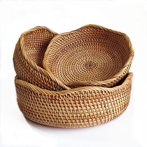 Panier de Rangement Rond en Rotin, Corbeille de Fruits en Osier, Organisateur Tressé Naturel pour Cuisine/Salle à Manger (Vague)