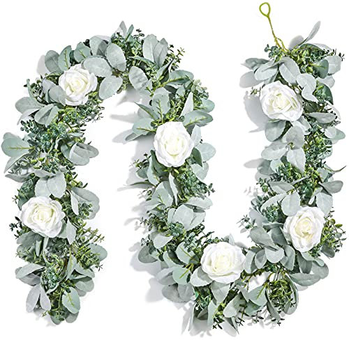 Miracliy Eukalyptus-Girlande mit Blumen, Lämmer-Ohren, grüne weiße Rosen, Blumengirlande, künstliche Reben für Hochzeit, Boho, Tisch, Kaminsims, Hintergrund, Party, Bauernhaus, Heimdekoration