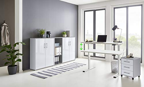 Büromöbel komplett Set mit elektrisch höhenverstellbaren Schreibtisch in Weiß Arbeitszimmer e-Dition in Lichtgrau/Weiß Matt/Gestell Weiß (Set 8)