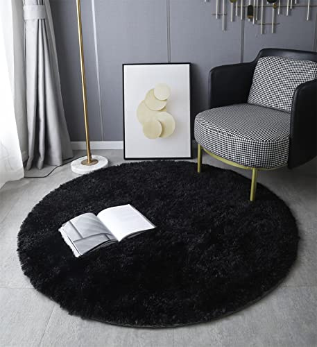 LYKEJI Runder Teppich, Langflor, Modern, für Wohnzimmer, Schlafzimmer, Esszimmer oder Kinderzimmer, Komfortable Hochflor-Bodenmatte Anti-Rutsch-Teppich (120cm X 120cm, Schwarz)