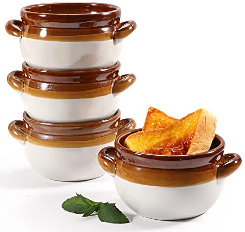 SZUAH 17 OZ French Onion Soup Bowls Set of 4, French Onion Soup Crocks Oven Safe Soup Bowls with Handles, Dishwasher, Microwave, Broiler Safe, Ceramic Bowl Set for Stews, Soup, Cheese & Chili