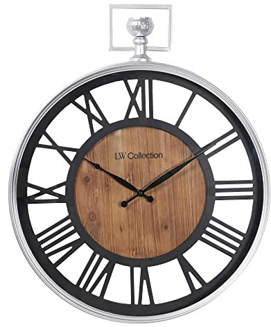 LW Collection Wanduhr Morris Schwarz Silber 60cm - Große Wanduhr mit römischen Ziffern - Moderne Industrielle Leises Wanduhr - Stille Uhr