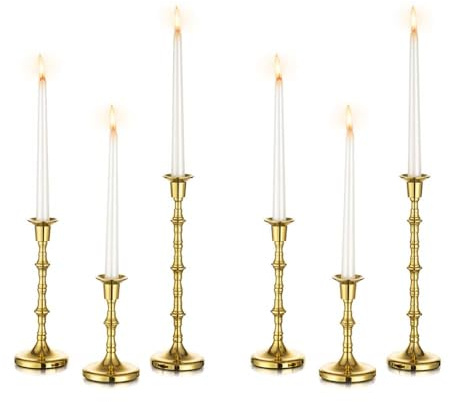Inweder Vintage Gold Kerzenständer aus Metall für Tischdeko, 6 Stück | für 2.2cm Stabkerzen, 16/23.5/31cm Hoch, Mattes Finish, Messing Kerzenhalter für Hochzeit, Weihnachten, Partys & Wohnzimmer