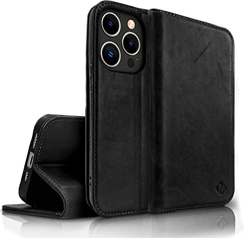 NALIA Echt-Leder Flipcase kompatibel mit iPhone 14 Pro Max Hülle, Handgefertigt Rindsleder Schutzhülle mit RFID-Schutz, Kartenfächern & Standfunktion, Lederhülle Handyhülle, Farbe:Schwarz