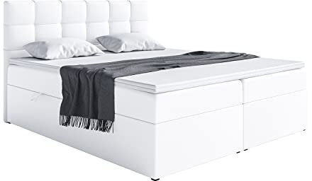 MEBLINI Boxspringbett mit Bettkasten - Gepolstert Doppelbett mit Matratze und Topper - Polsterbett mit Stauraum - Bett mit Kopfteil - Stauraumbett - TAPO 1-140x200 - H3/Weiß Kunstleder