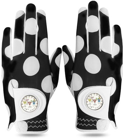 LOVMEAD Damen Golf Handschuh Golfhandschuhe Leder mit Ballmarker All Wetter Linke Rechte Hand Paar, Damen-Golfhandschuhe Rain Grip Weathersof rutschfest Sport (Schwarz, XL)