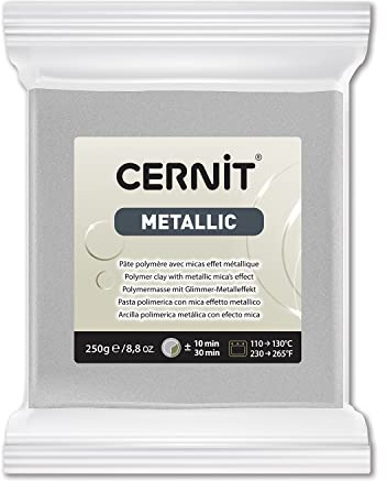 CERNIT CE0870250080C - Block Modelliermasse (Polymer) METALLIC, ofenhärtend, sofort gebrauchsfähig, 250g, für DIY, Schmuck, Figuren, für Einsteiger und Hobbykünstler, Silber, 1 Stück