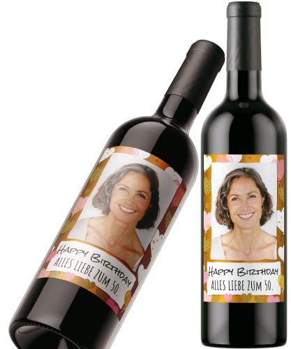 Flaschenetikett personalisiert mit Foto & Text | Premium Aufkleber-Set | Goldeffekt-Folie | Weinflaschen Etikett personalisiert (Layout 5)
