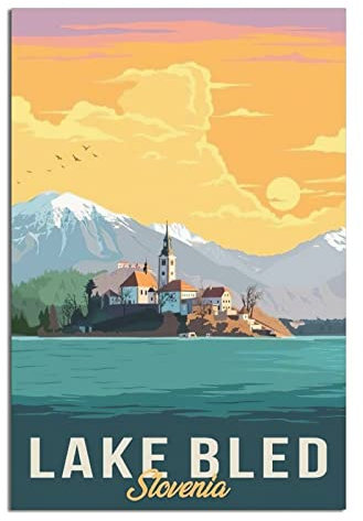 YONGCAI Lake Bled Slowenien Sonnenuntergang Vintage Reise Poster Leinwand Wand Home Room Decor Kunst Poster Malerei Bild Druck Geschenk Poster