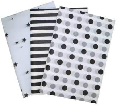 MORANTI Seidenpapier mit schwarz-weißen Stern-Streifen, Punktemuster, 30 Blatt, 50 x 69,8 cm, für Abschlussfeier, Geburtstag, Geschenkverpackung, DIY, Kunst, Basteln, Dekoration, Party-Geschenktüten