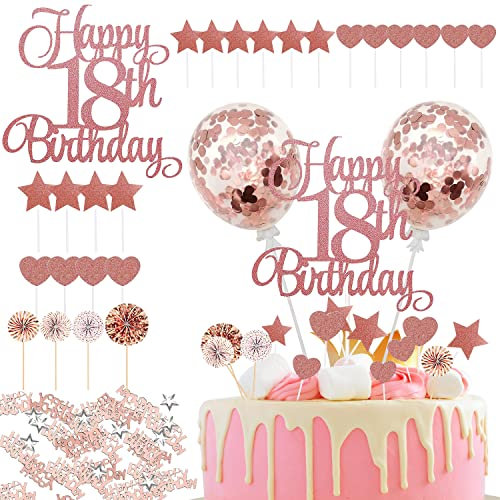 28 Stück 18 Geburtstag Mädchen Cake Topper Happy Birthday Tortendeko Glitter Rose Gold Kuchen Deko Geburtstag mit Ballons Sterne Konfetti Pailletten für Geburtstag Party Dekoration,Muffin Deko