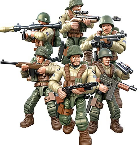 MEIEST Mini-Actionfiguren aus dem Zweiten Weltkrieg, Armee-Modell, Baustein-Spielzeug mit mehreren militärischen Waffen, Zubehör, Partygeschenk-Set für Kinder (US-Armee), 6 Stück