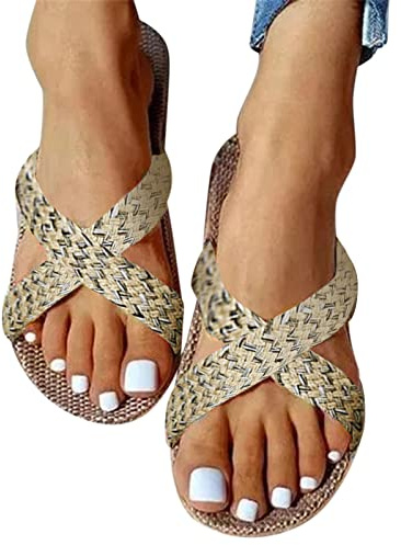TDEOK Tongs Plates Simple en Paille Femme Été Bande Croisée Sandales Corde Femme Été Nu Pied Femmes Plage Piscine Élégant Espadrilles Tong Sandale Ado Fille Bout Ouvert Slip-on Mode Plat Chaussures