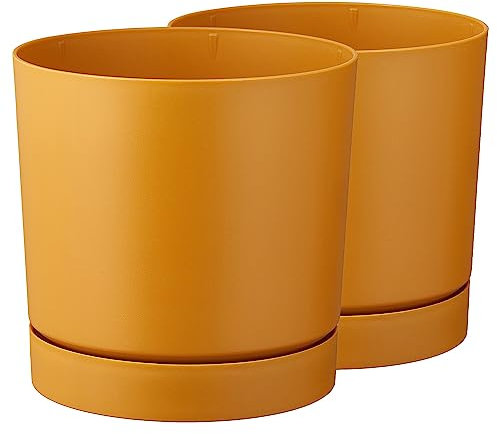Tymar Pot de Fleur avec Soucoupe, Lot de 2 Pots de Plantes décoratifs en Plastique, Forme Ronde Moderne pour l'intérieur (ø 13 cm, (2pack) Moutarde)