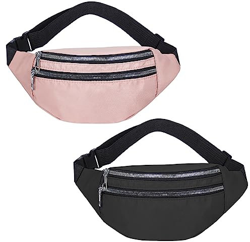 2 Poches de Taille Unies, Bretelles réglables, Grande Poche Banane zippée, Sac Banane, Sac pour téléphone Portable, Sac en Nylon étanche, Convient pour Hommes et Femmes (Noir, Rose)