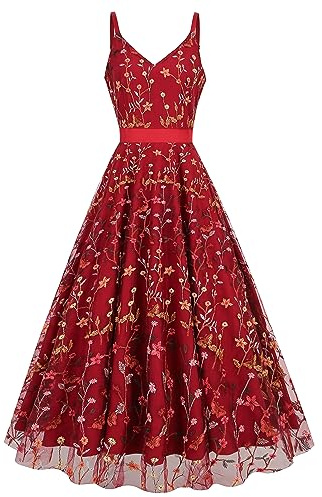 Long Floral Embroidery Dress for Women Flower Embroidered Maxi Dress Spaghetti Straps Formal Evening Party Tulle Prom Dress, Red, XXL